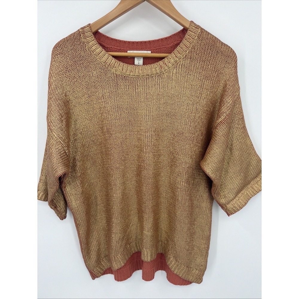 Coldwater Creek Open Knit Top Sz S Terra Cotta Metallic Gold 3/4 Sleeve Shimmer - Picture 1 of 7